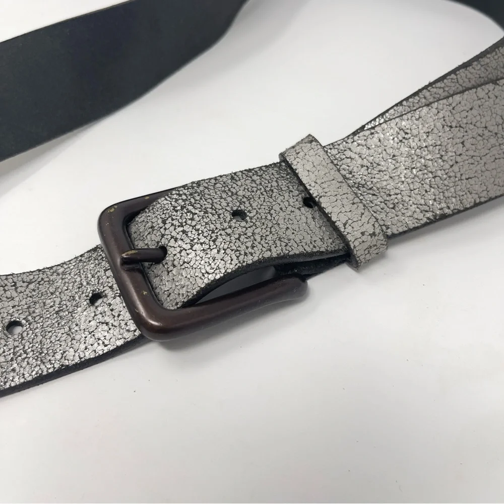 Vintage Old Navy Silver Crackle Metalic Leather‎ Belt, Dark Buckle Grunge